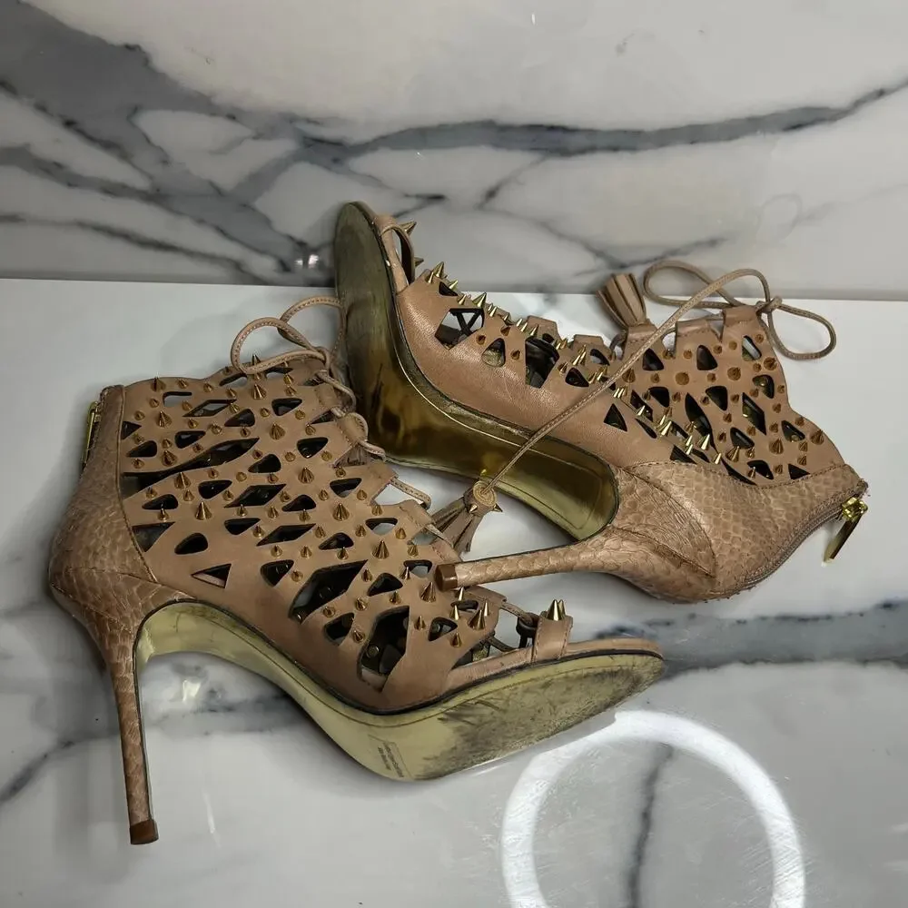 Sam Edelman Women's Tan Leather Spikes Open Toe Allison Bootie Heels Sz 6.5